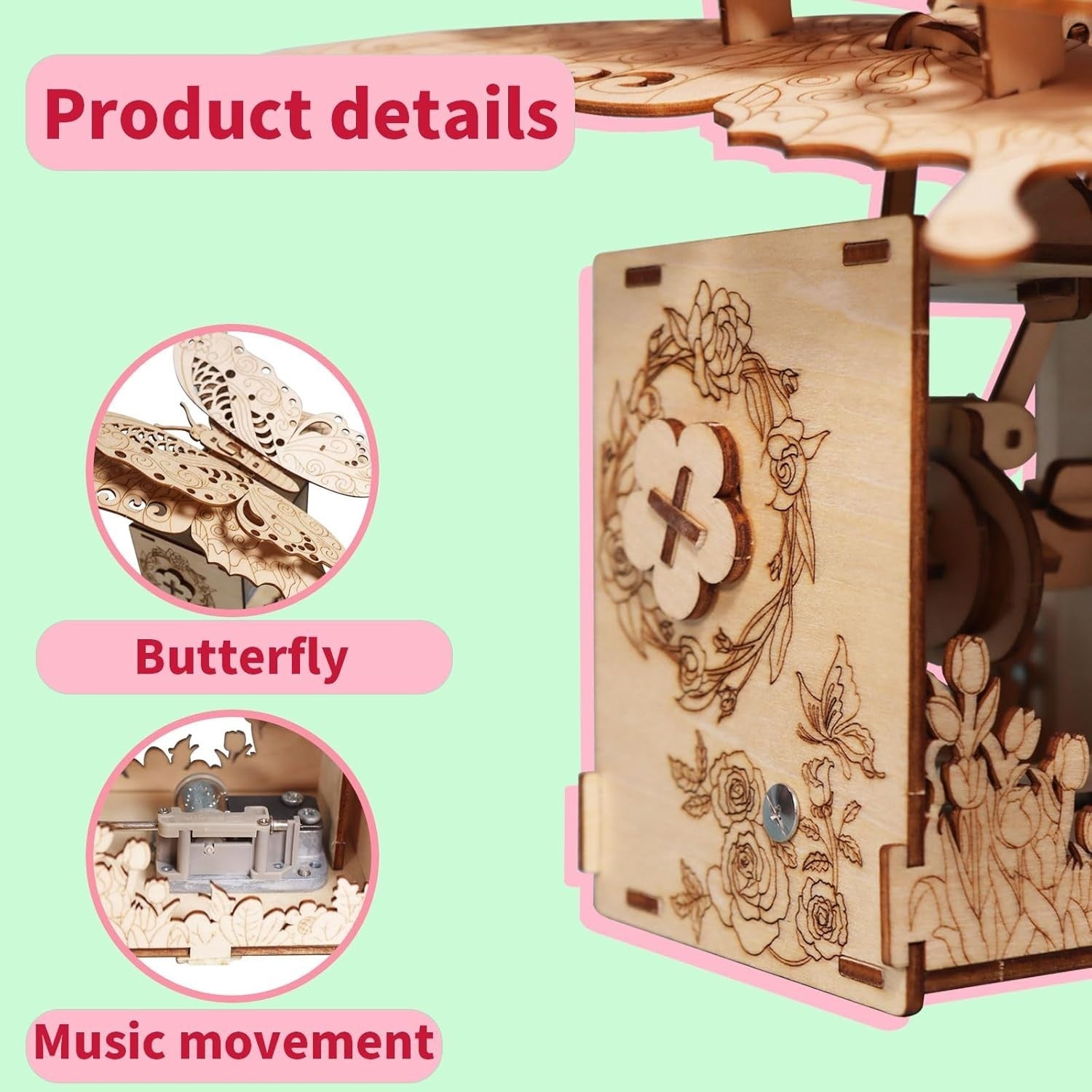 3D Wooden Butterfly Music Box DIY Puzzle Gift for Adults Teens Decor