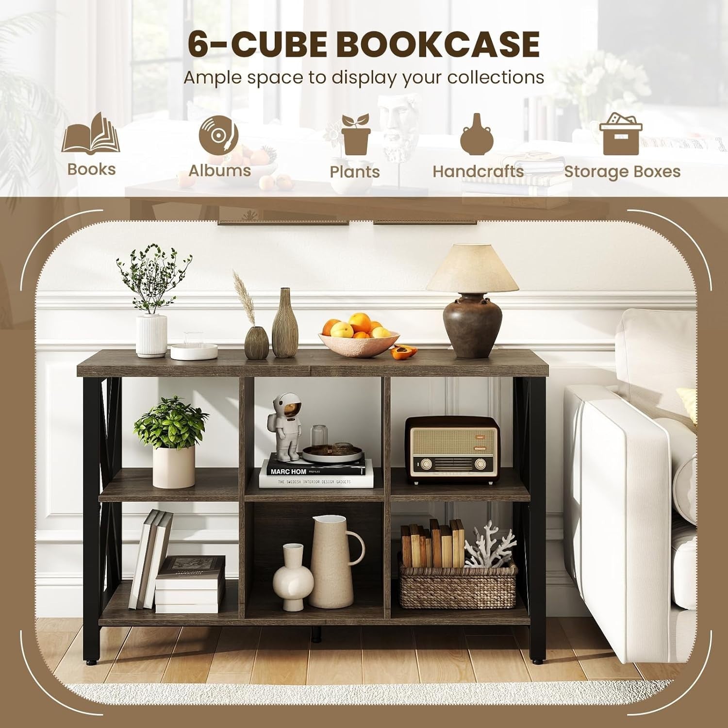 6-Cube Grey Storage Bookcase Industrial Metal Frame Durable 120x35x76cm