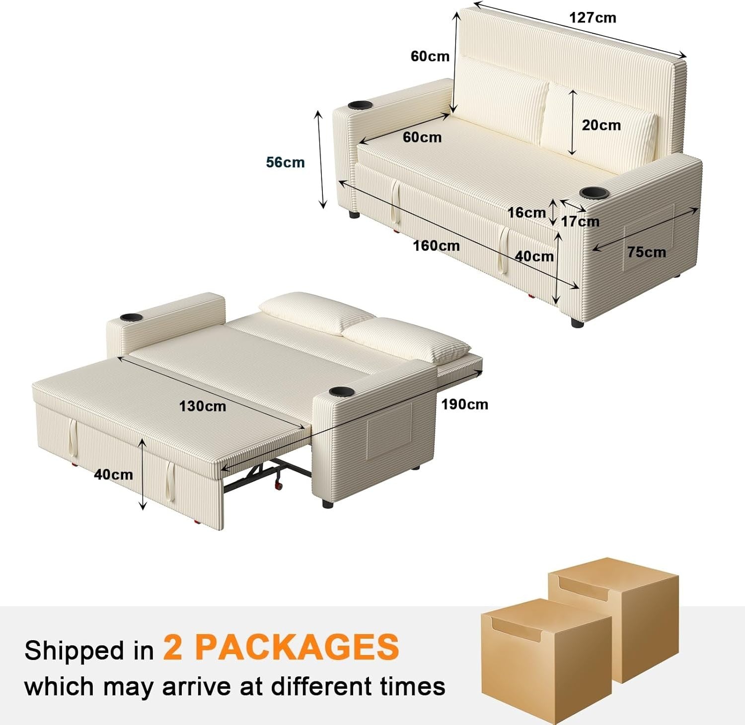2 Seater Pull Out Sofa Bed with Storage Beige Sleeper Couch for Small Rooms