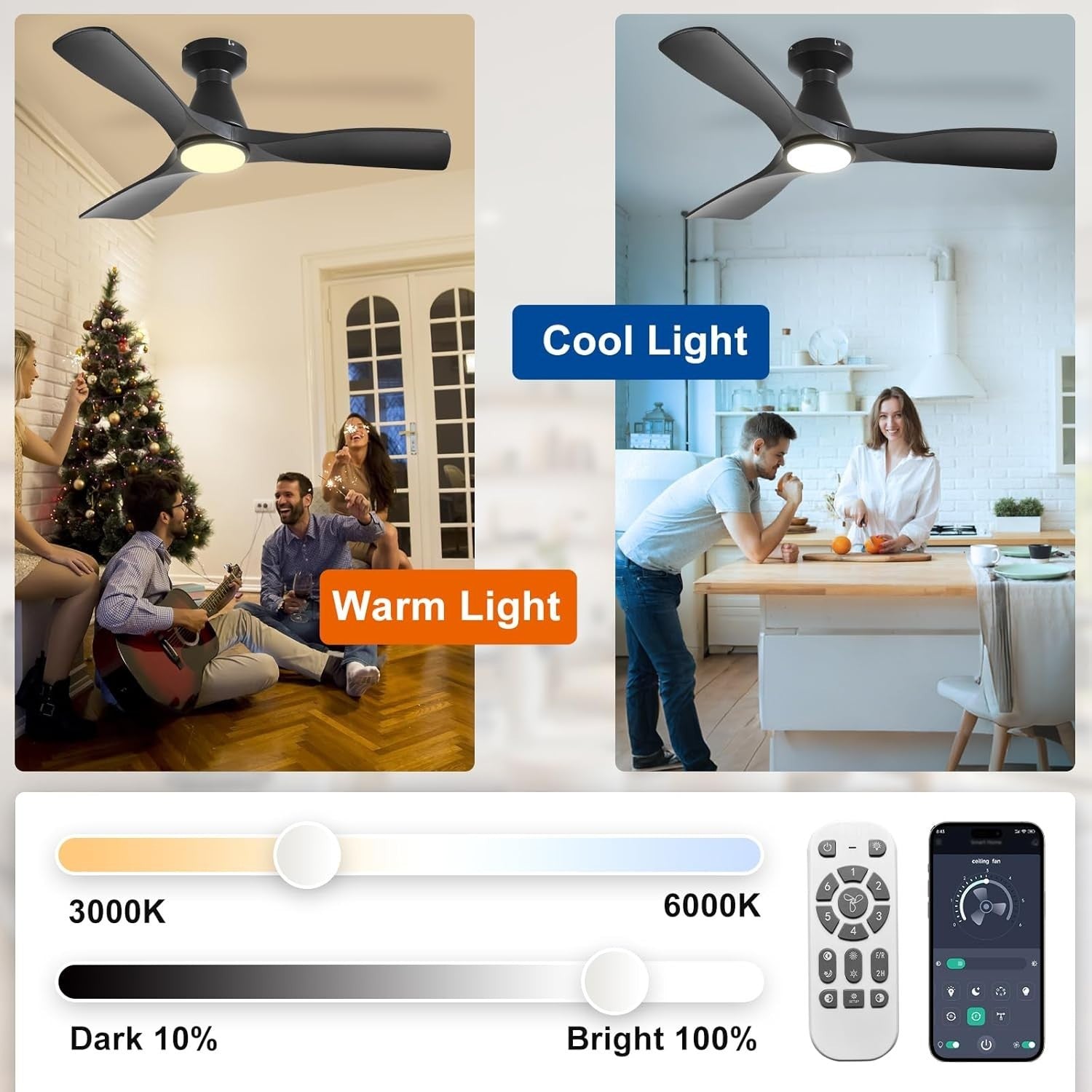 42" Ceiling Fan Light, 3-Blade Low Profile LED, Quiet Reversible Black