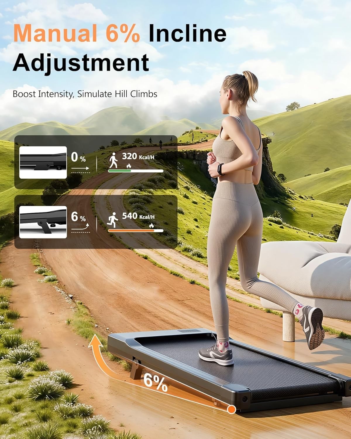 Under Desk Walking Pad Treadmill 6% Incline 2.5HP Home Office