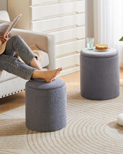 Set of 2 Round Fleece Ottomans with Storage – Nesting Footstools & Side Tables