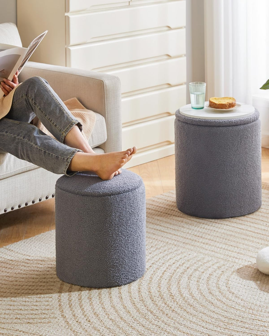 Set of 2 Round Fleece Ottomans with Storage – Nesting Footstools & Side Tables