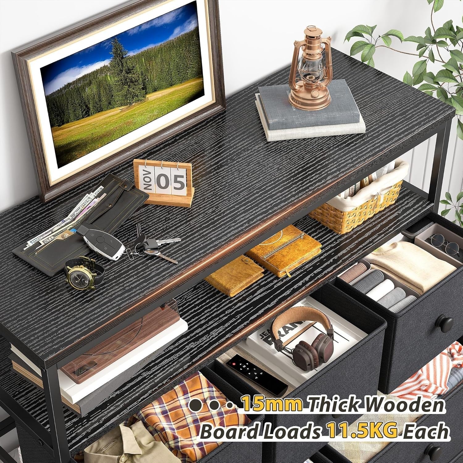 7-Drawer Black Grey Fabric Chest with 2-Tier Shelf – Bedroom & Living Storage