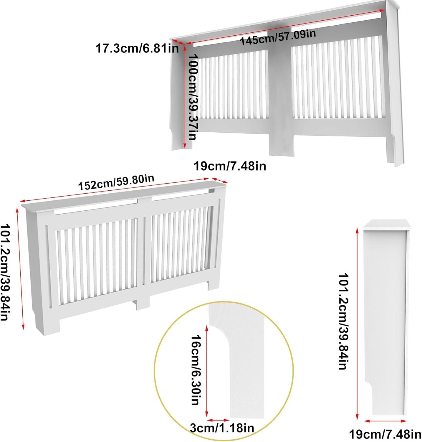 Large Radiator Cover White MDF Cabinet | Vertical Slats Tall Shelf 100cm