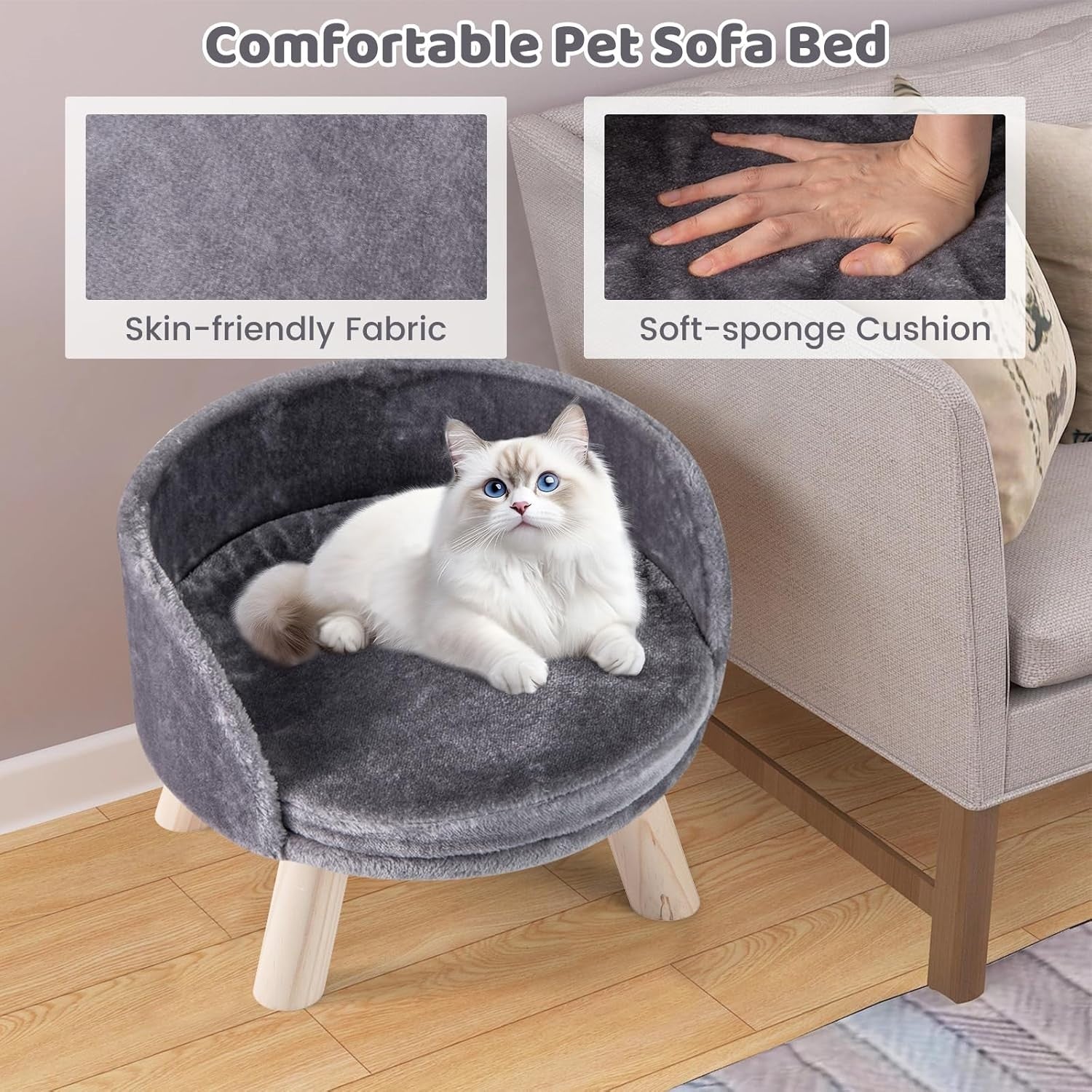 Elevated Pet Sofa Bed Dog Cat Couch w Removable Cushion Wood Legs