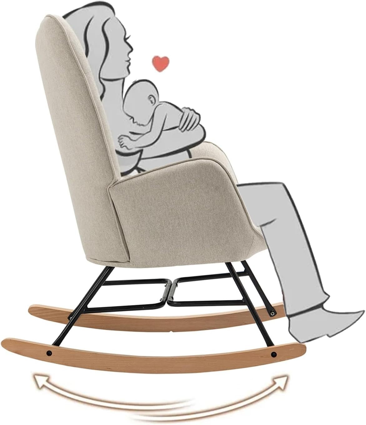 Beige Rocking Chair for Nursery w/ High Back, Comfy Fabric & Metal Legs