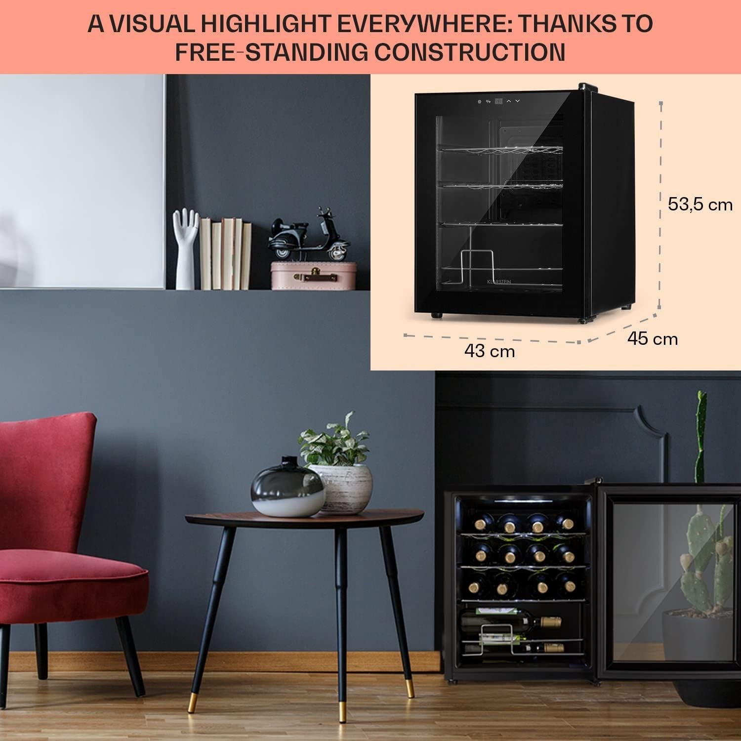 Wine Cooler Fridge 16 Bottle Glass Door Single Zone Slim Freestanding Black