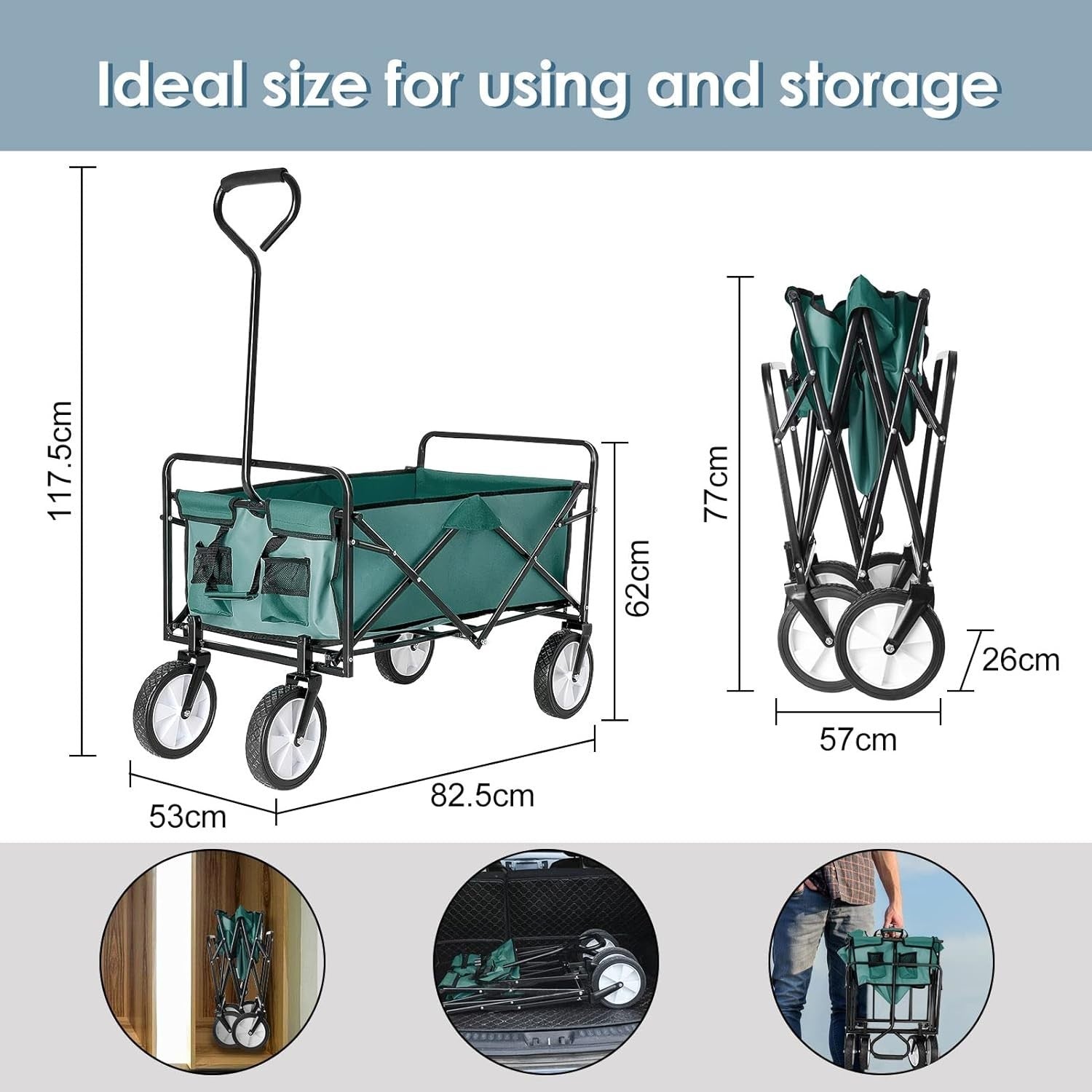Green Folding Camping Wagon Heavy Duty Collapsible Garden Beach Cart w/ Pocket