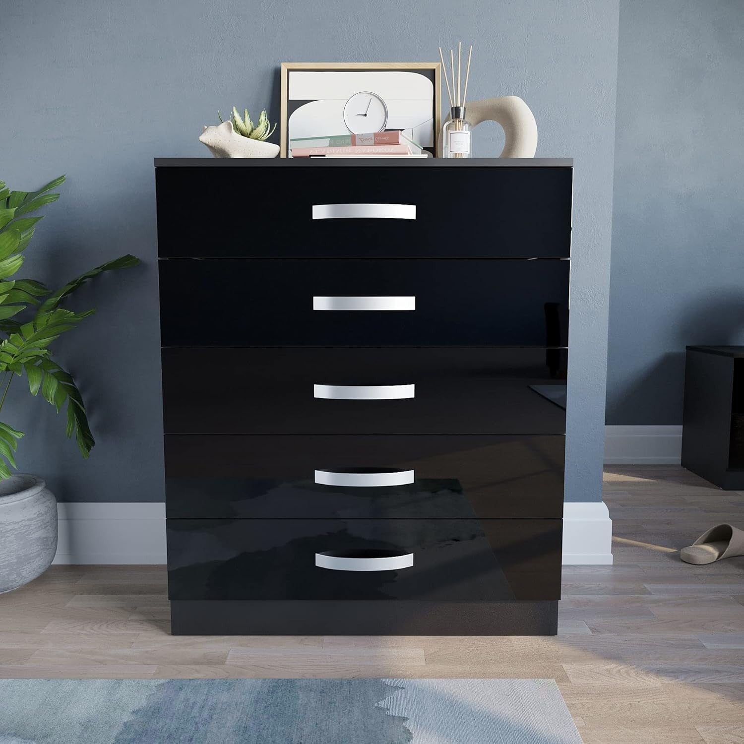High Gloss 5 Drawer Chest Black Storage Cabinet with Smooth Glide Drawers