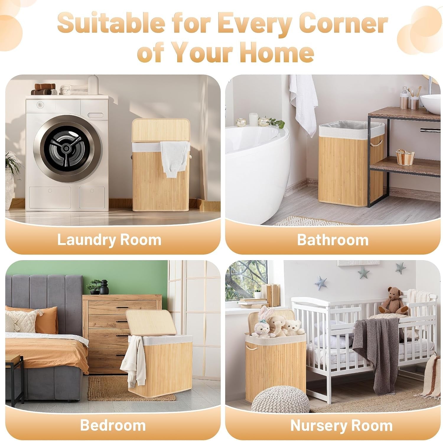 72L Slim Bamboo Laundry Hamper with Lid Foldable Clothes Basket Beige