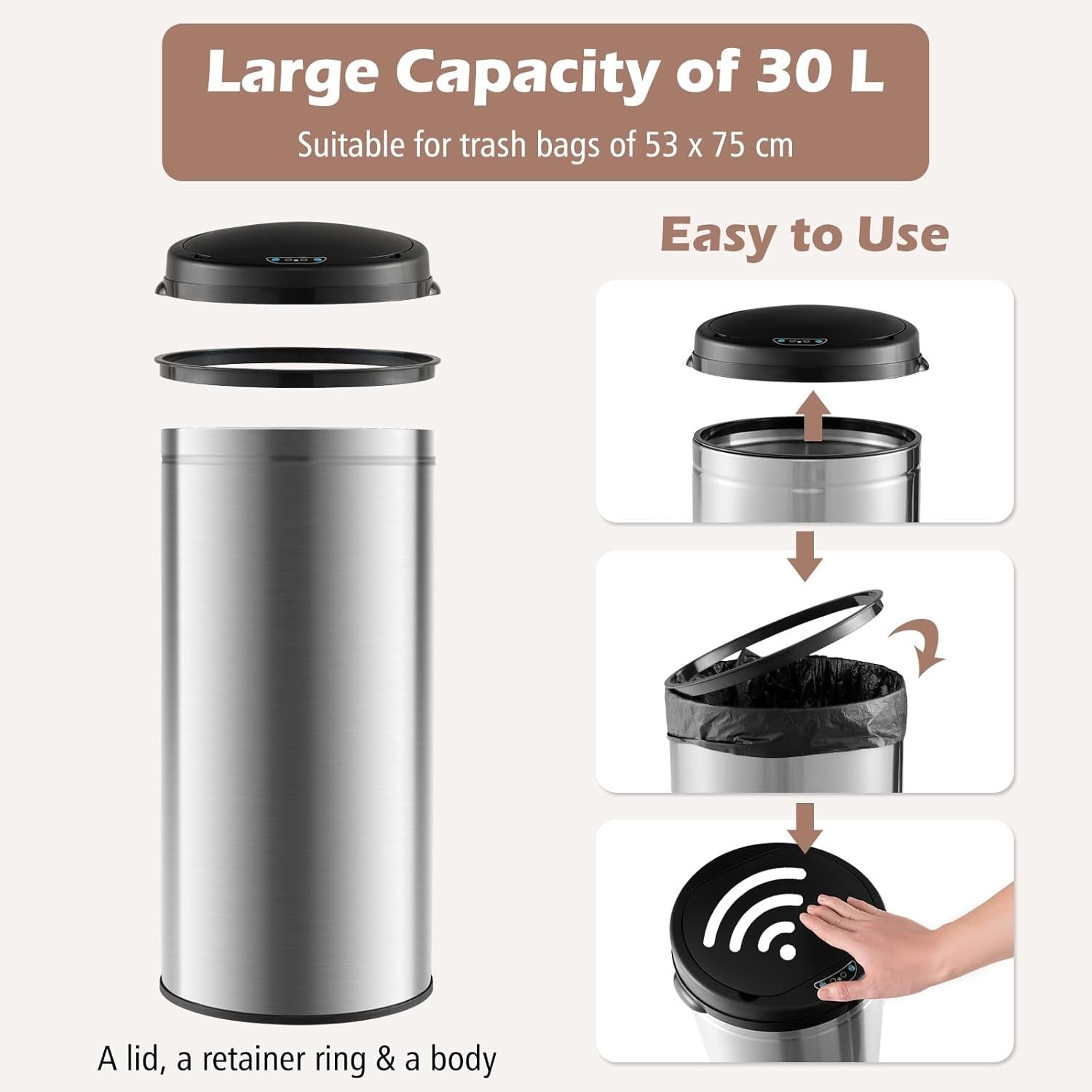 30L Automatic Kitchen Bin Touchless Sensor Soft Close Steel