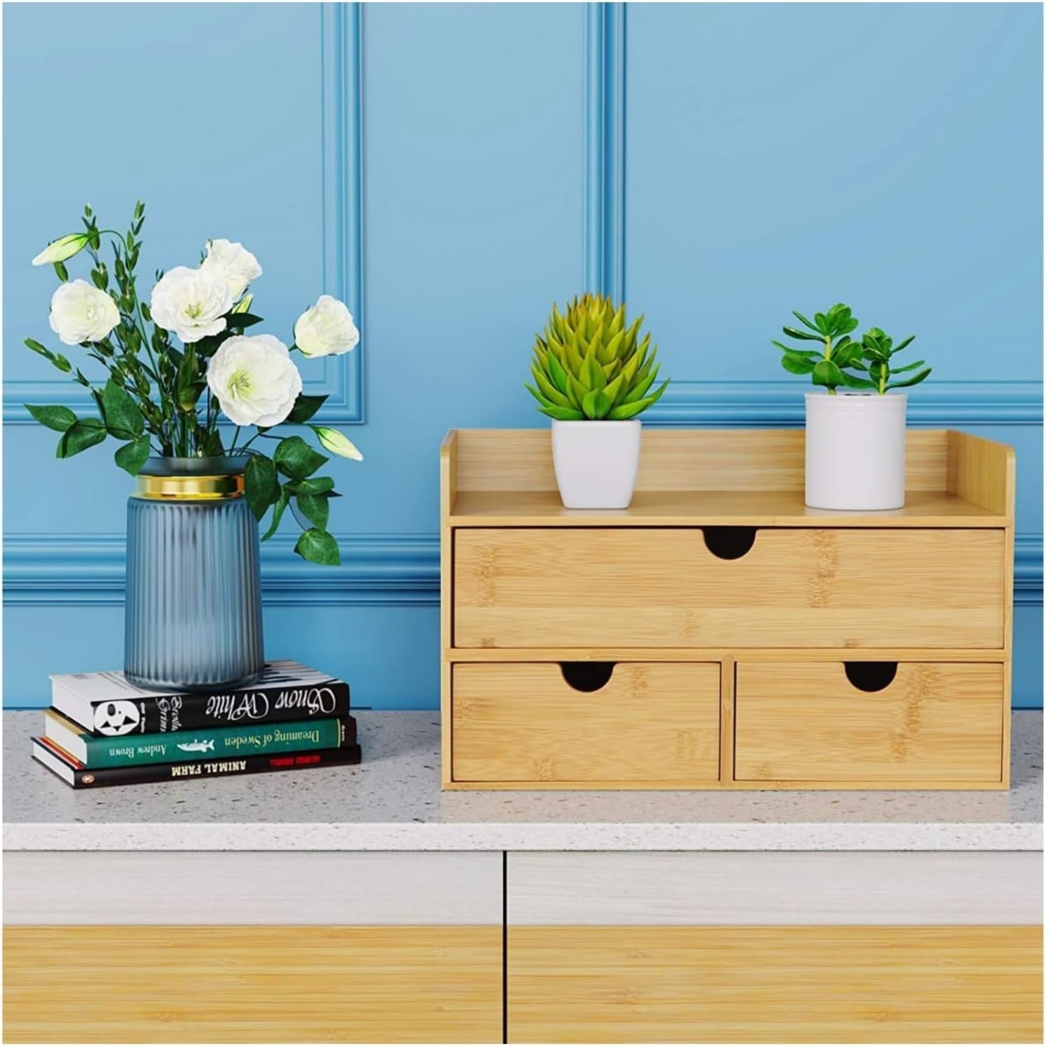 Bamboo Desk Organizer with 3 Drawers | Compact Makeup & Office Storage