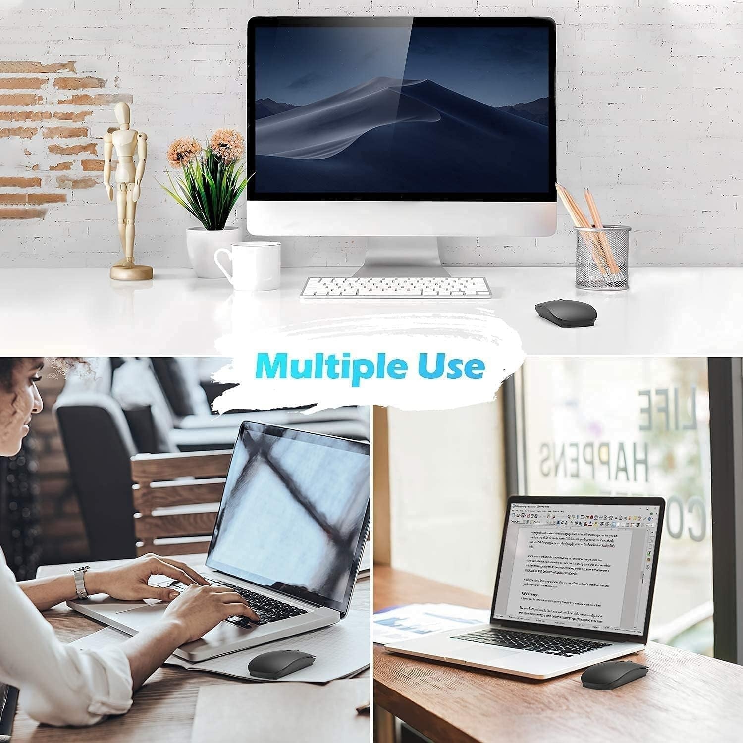 Wireless Bluetooth Mouse Rechargeable Ultra Slim Silent Click Lightweight Black