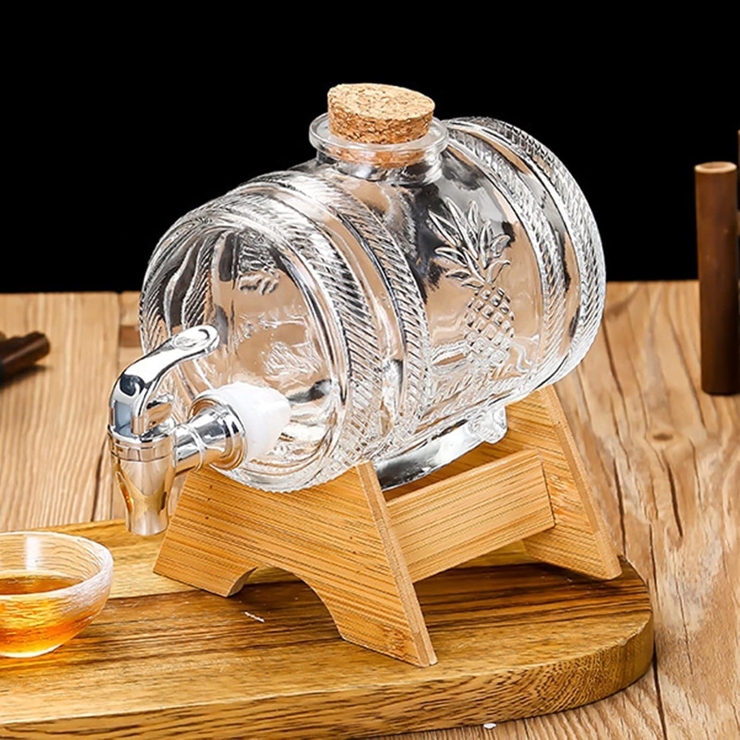 Luxury 1L Barrel Glass Drink Dispenser with Tap & Wooden Stand | Whiskey Beer Ju