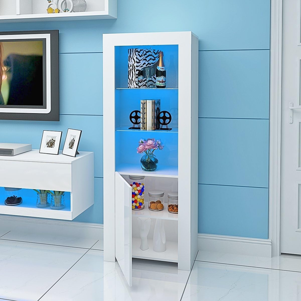 Tall White LED Display Cabinet with Glass Shelves Modern Storage Unit