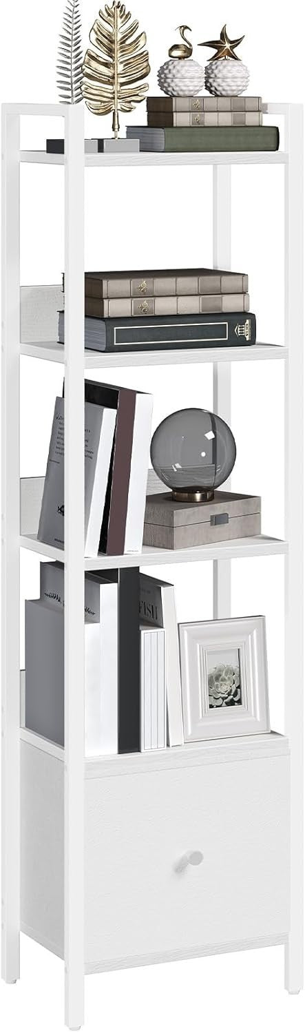 5 Tier Slim Bookshelf with Drawer Space Saving Metal Frame Storage Rack