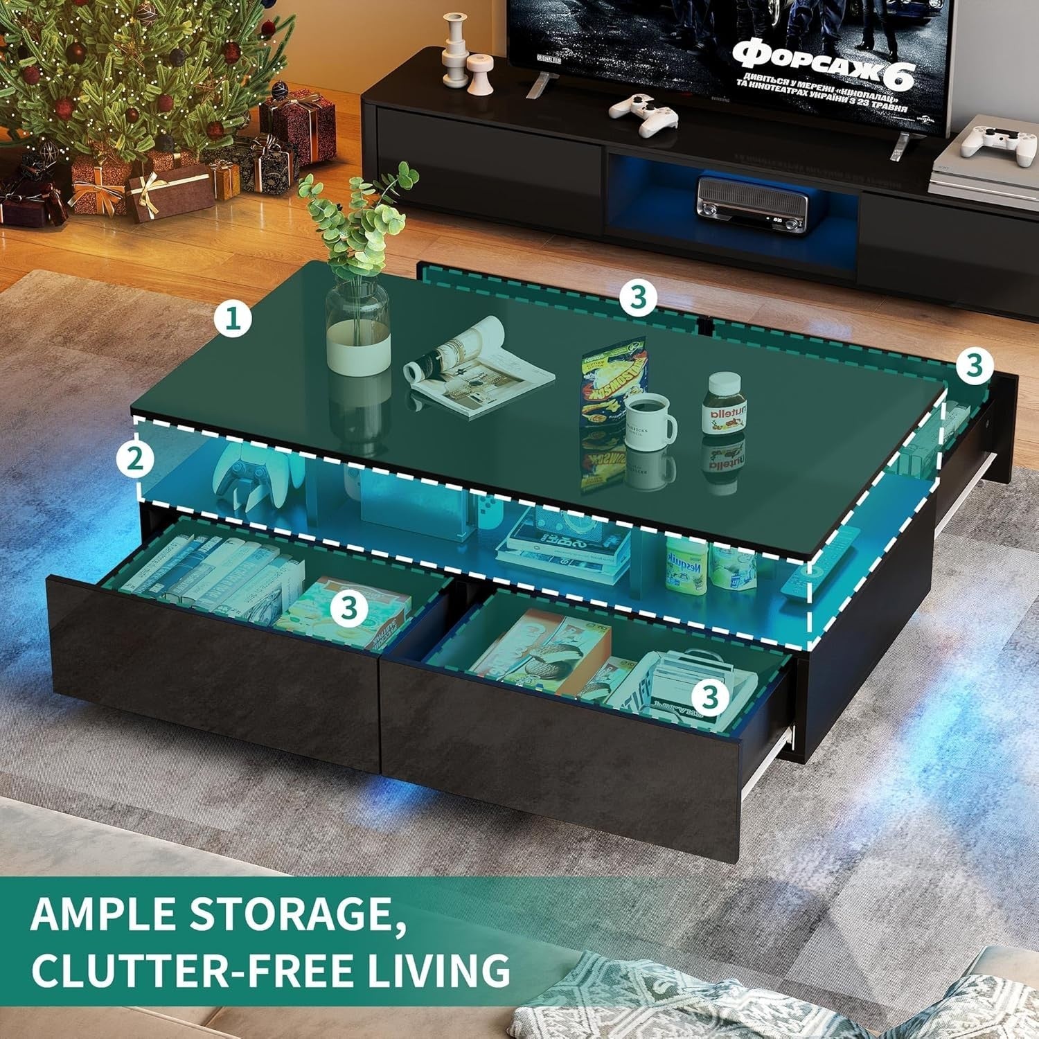 Black LED Coffee Table with Storage Drawers Gloss Finish | 16-Color Lights