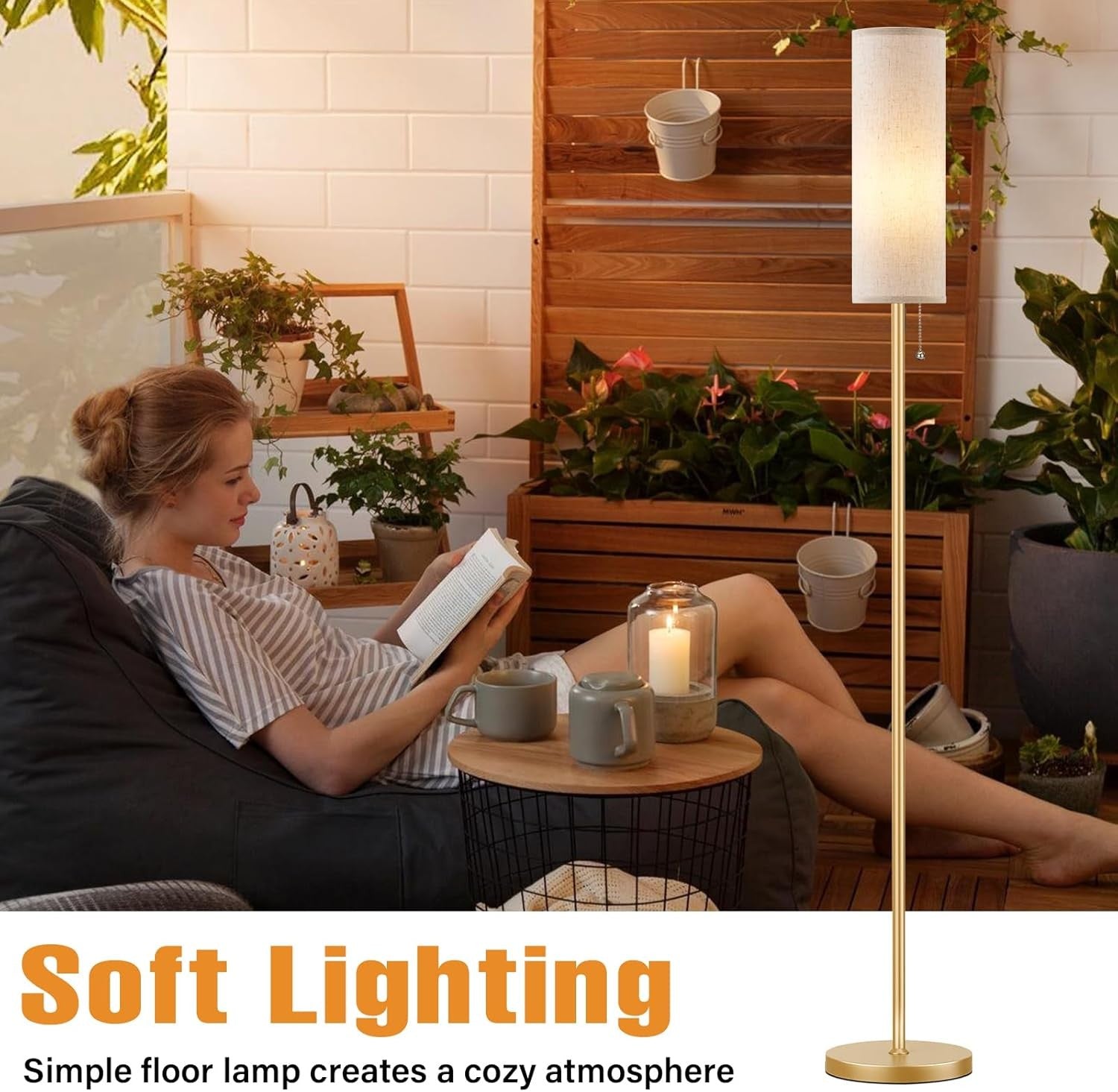 Gold Floor Lamp 64in Standing Lamp 3 Colour Bulb Bedroom Living Room