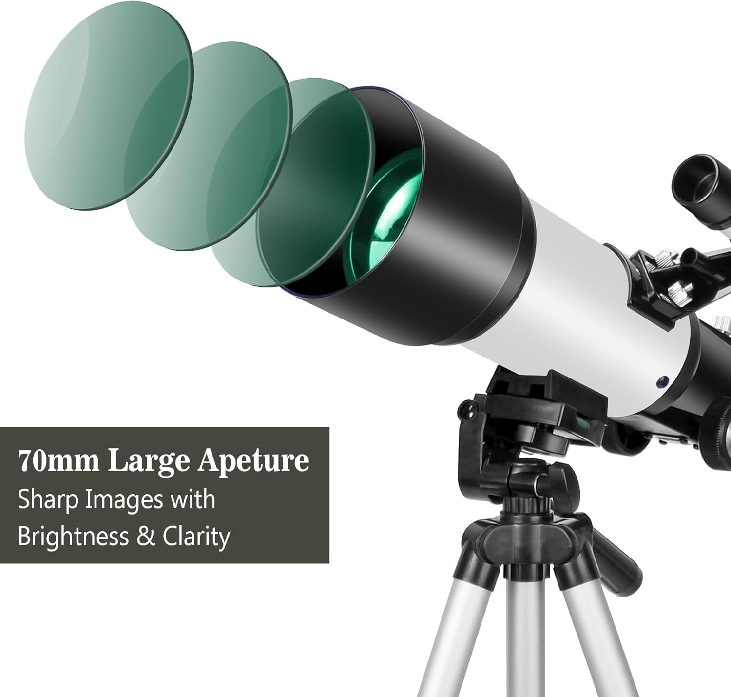 70mm Refractor Telescope for Beginners, Portable AZ Mount, White