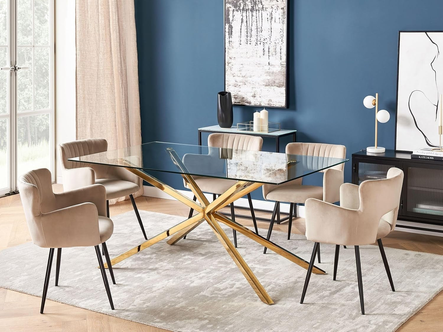 Rectangular Glass Dining Table 160x90cm Gold Metal Modern Kitchen Table