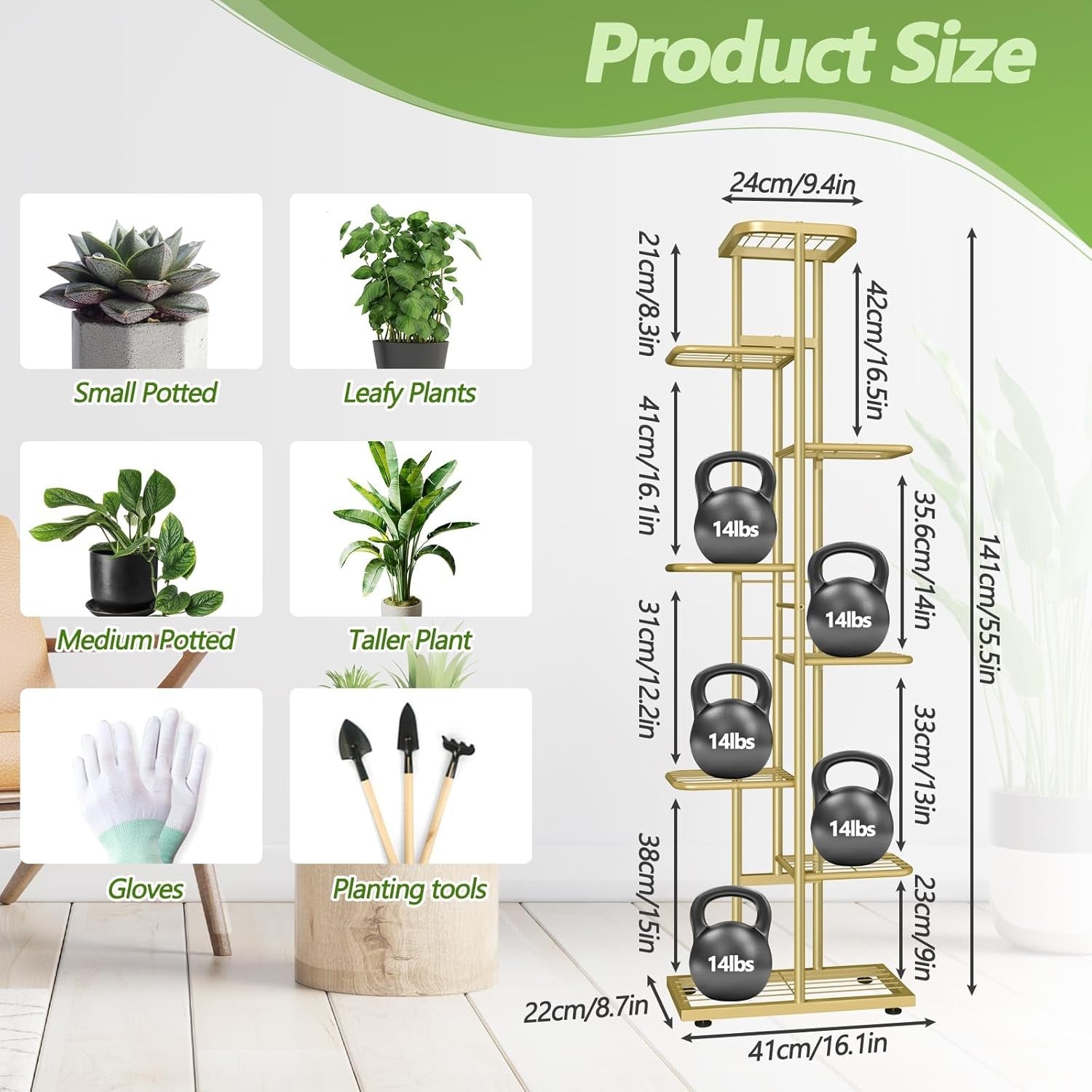 8 Tier Tall Gold Metal Plant Stand Indoor Outdoor Flower Shelf with Tools Set