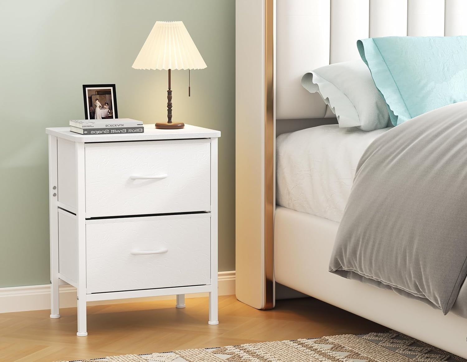 Set of 2 White Bedside Tables with Fabric Drawers | Metal Frame Storage Cabinets