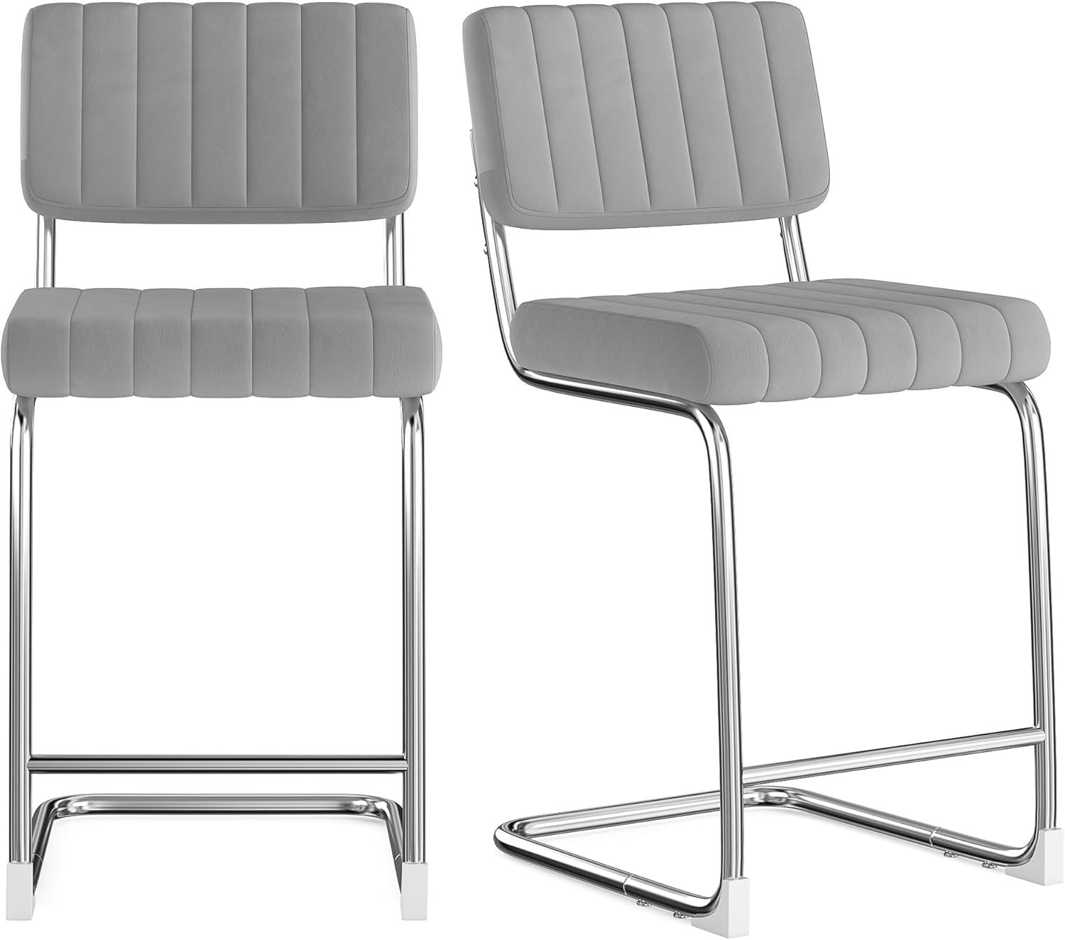 Grey Faux Leather Bar Stools Set of 2 Rectangular Metal Counter Chairs