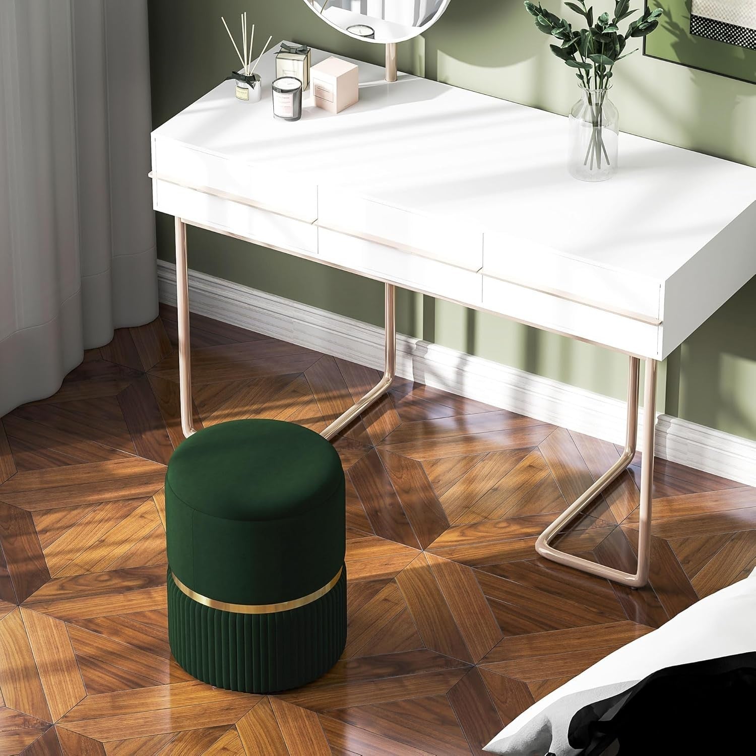 Dark Green Velvet Round Storage Stool – Padded Ottoman with Hidden Space