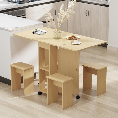 Folding Drop Leaf Dining Table with 4 Stools Space Saving Wheeled Design