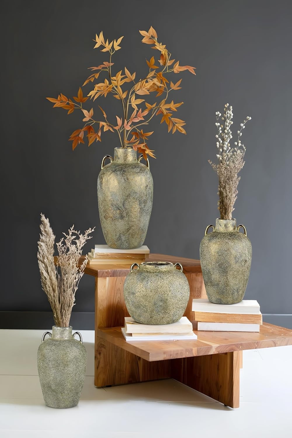 Rustic Gold Ceramic Vase 20cm with Handles Farmhouse Pampas