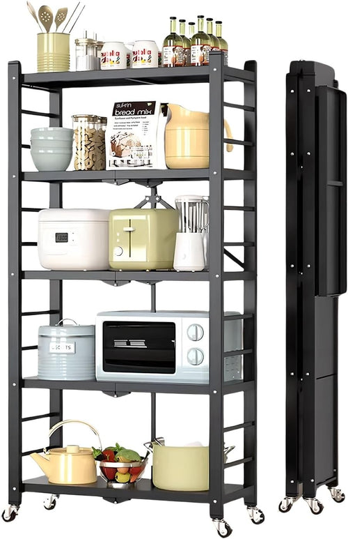 5 Tier Folding Kitchen Shelving Unit Metal Storage Rack on Wheels Heavy Duty