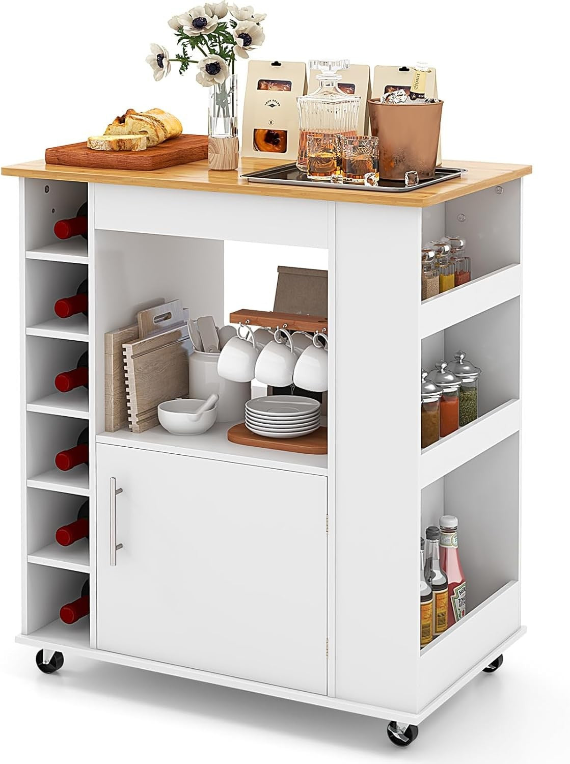 Kitchen Storage Trolley on Wheels Cabinet Island Cart Wine Rack Bamboo