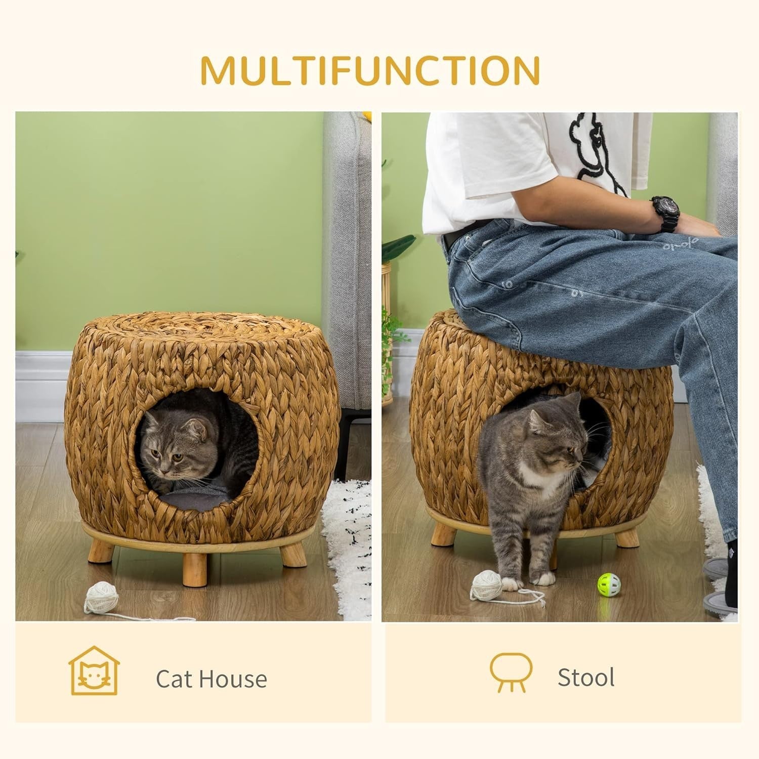 Wicker Cat House Stool Elevated Rattan Pet Bed w Washable Cushion