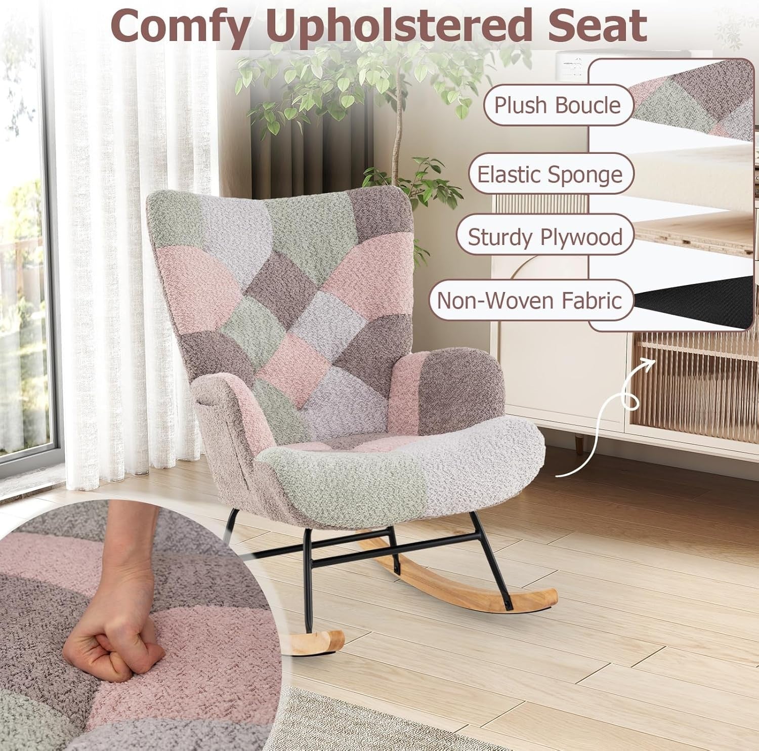 Tufted Rocking Armchair Boucle Fabric Wingback Chair for Nursery, Lounge