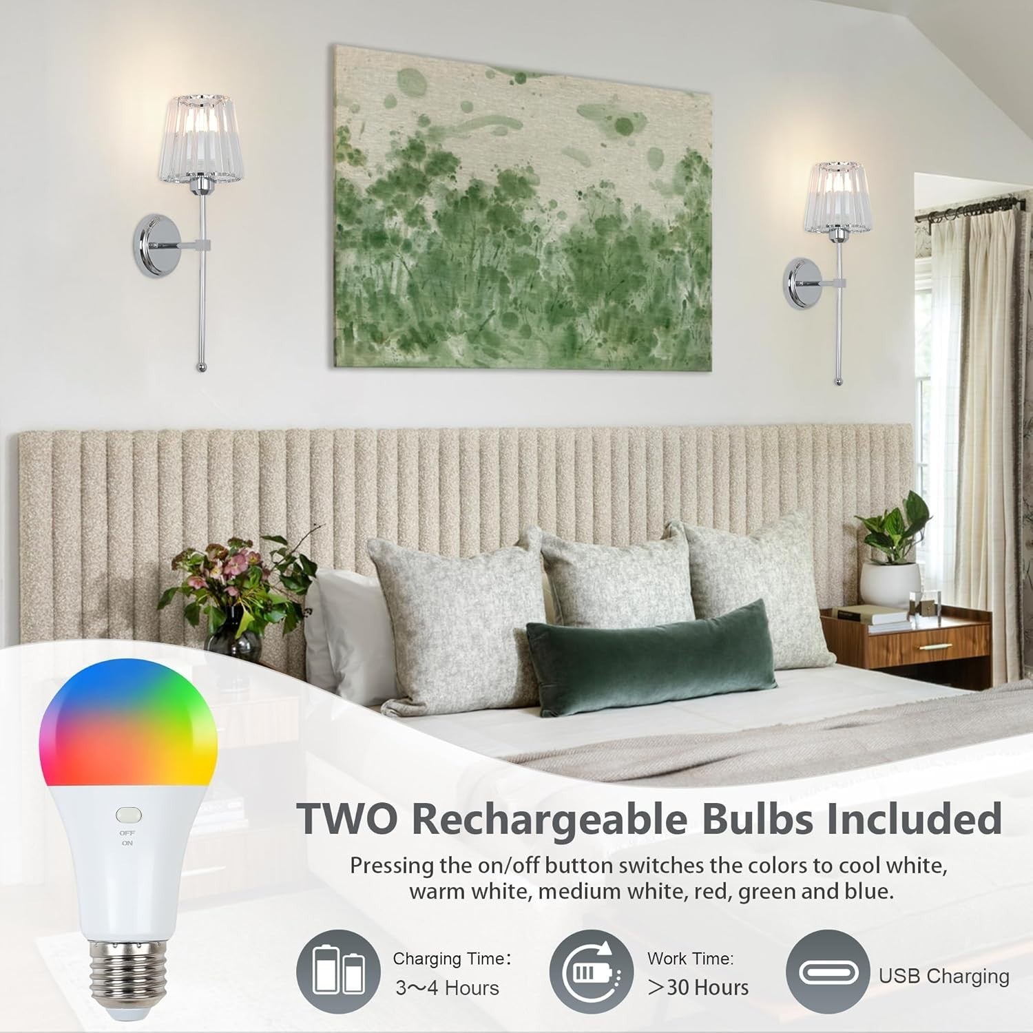 Wireless Rechargeable Wall Lights 2-Pack, Remote Control, USB Charging
