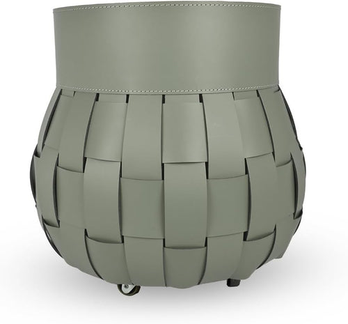 Dark Grey Leather Firewood Basket with Wheels – Indoor Log Holder, 45x45x48 cm