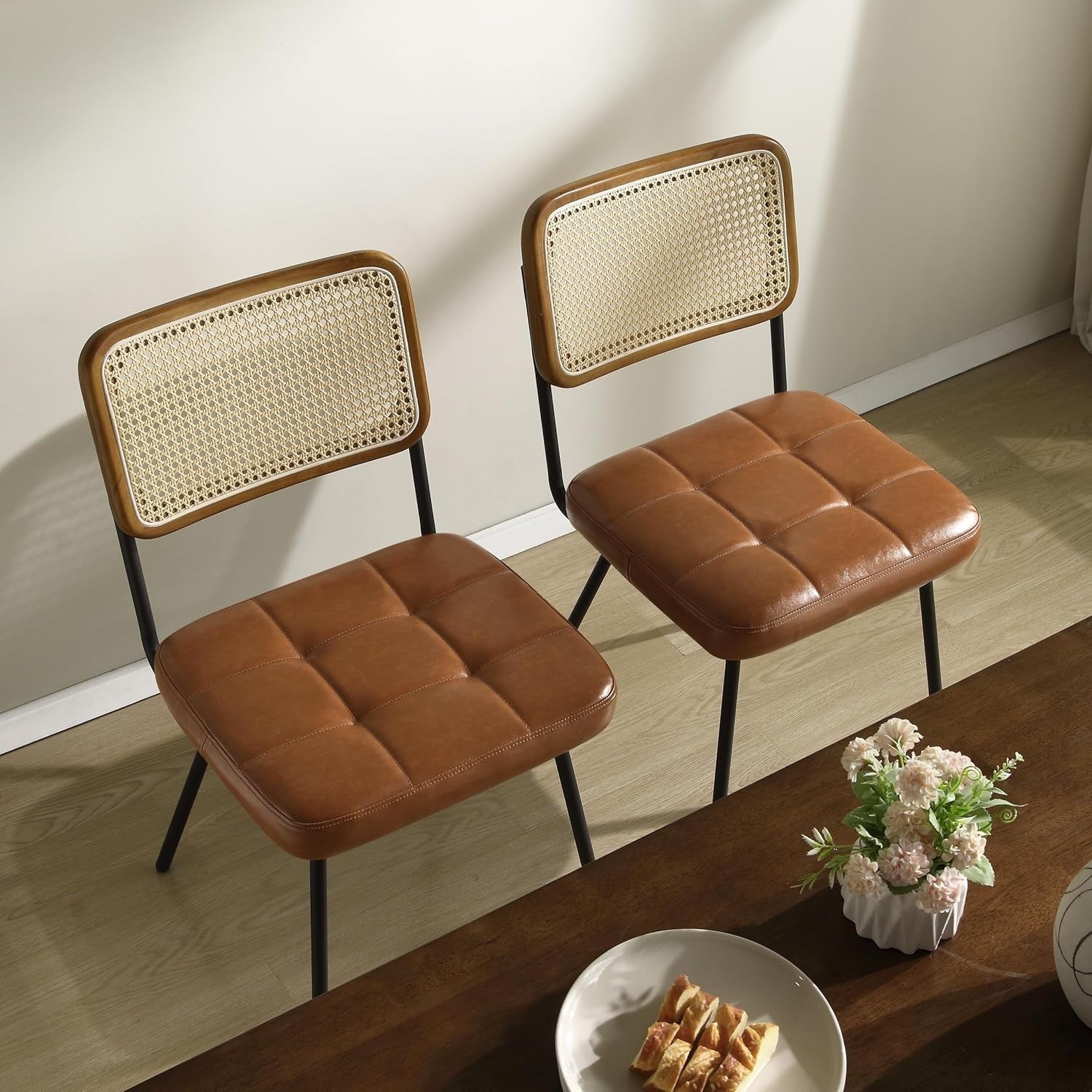 Rattan Dining Chairs Set of 4 Cane Back Faux Leather Mid Century Kitchen