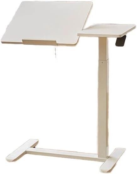 Height Adjustable Overbed Table Pneumatic Lift Split Top Laptop Desk White