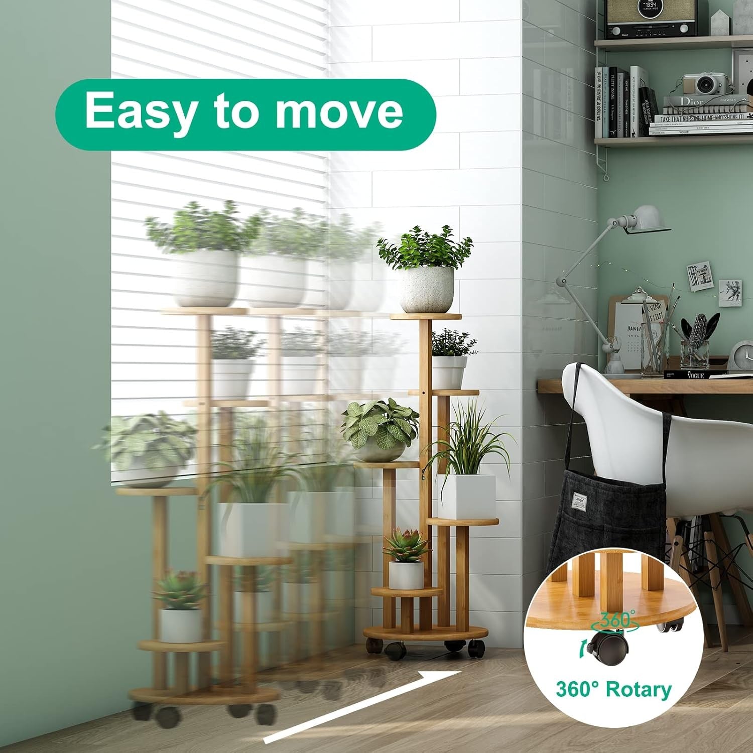 5 Tier Natural Bamboo Plant Stand with Wheels Indoor Outdoor Corner Shelf