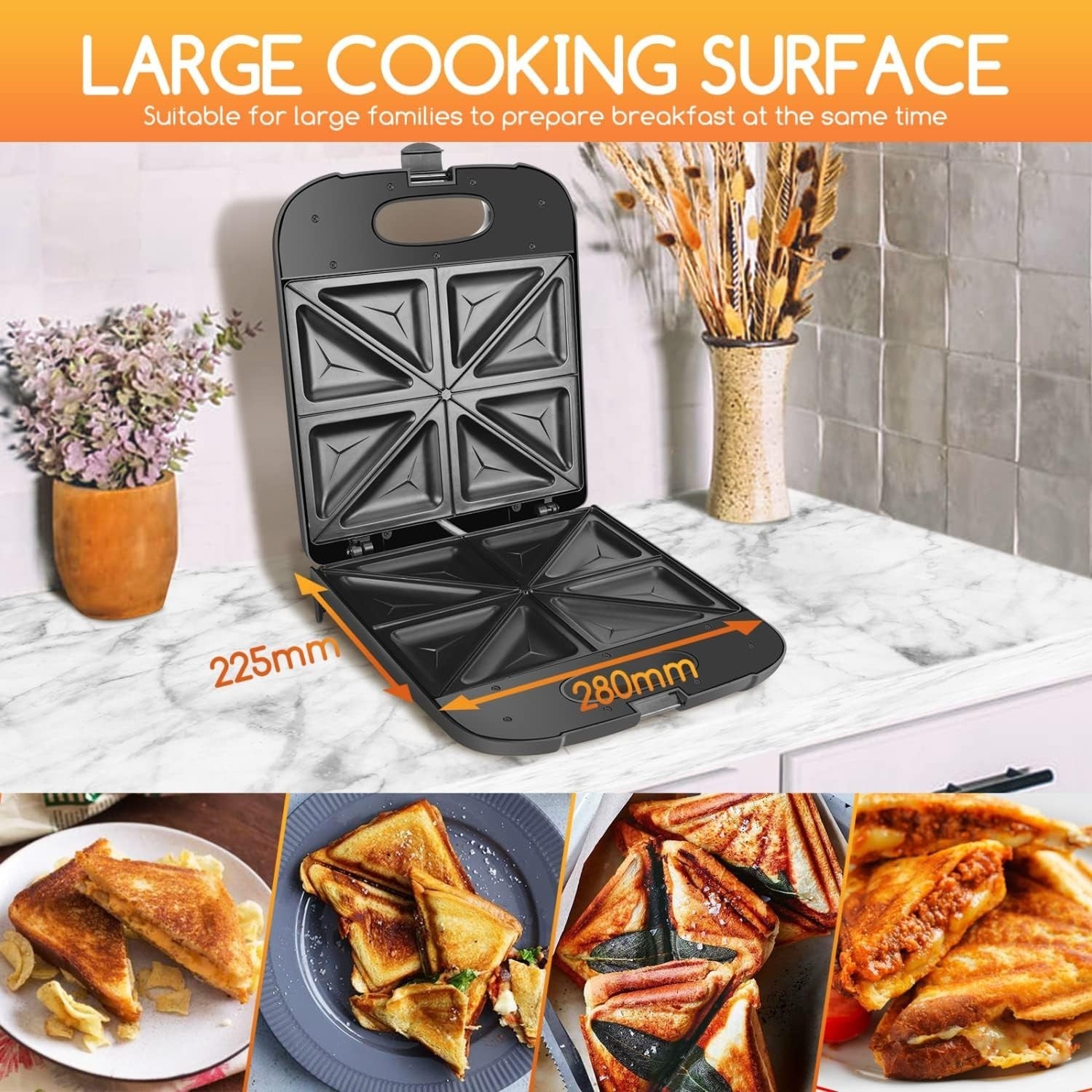 4-Slice Sandwich Maker 28x22.5cm Non-Stick Toastie Grill Fast Heating