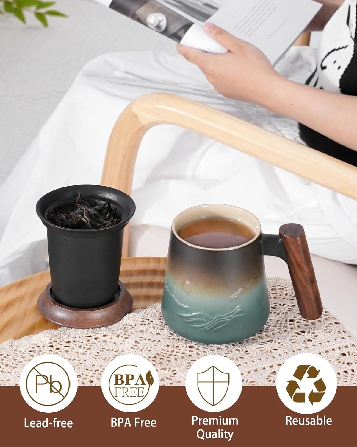 Ceramic Tea Mug 430ml with Infuser Lid & Wood Handle Loose Leaf Cup