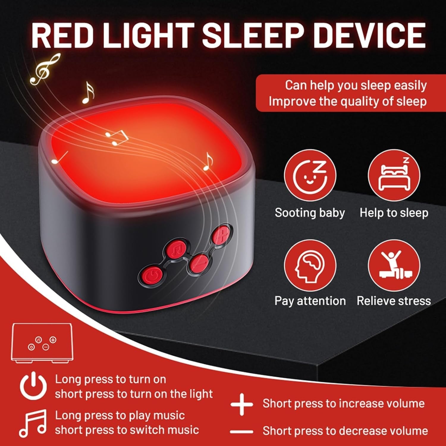 White Noise Sleep Machine with Red Light Therapy | 9 Volumes, 8 Sounds, Recharge