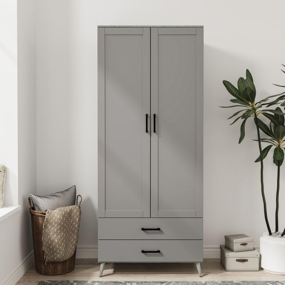 Grey 2 Door Wardrobe with Drawers & Rail – Modern Tall Bedroom Storage