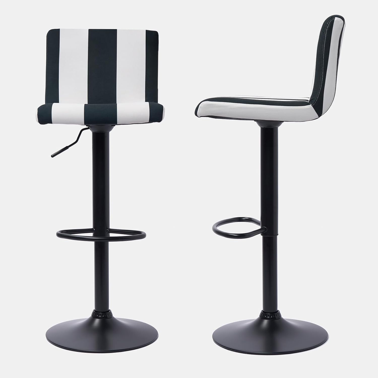 Set of 2 Adjustable Black & White Velvet Bar Stools with Swivel & Footrest