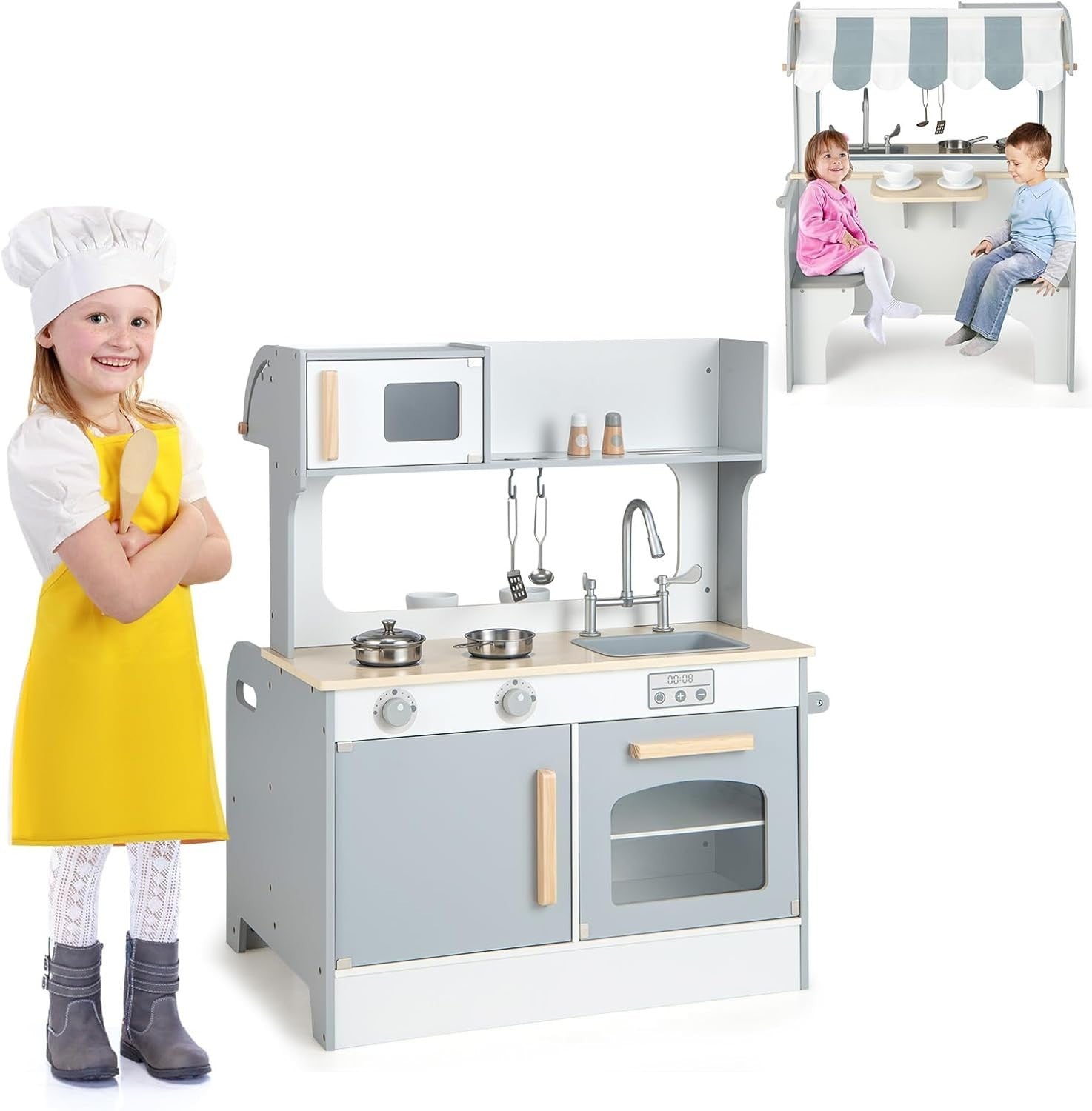 2 Sided Kids Wooden Play Kitchen Diner Set Grey Pretend Toy