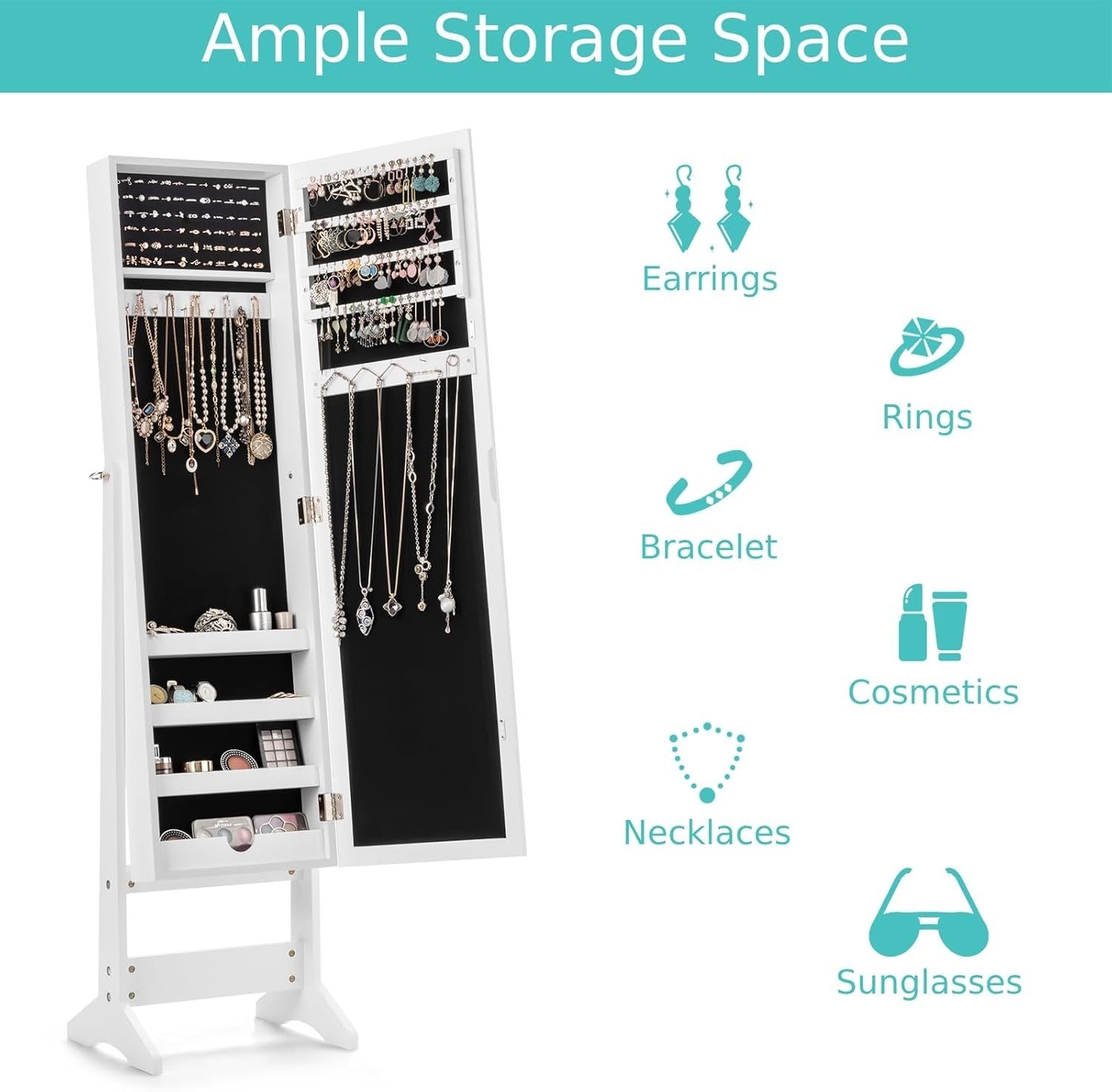 White Freestanding Jewelry Cabinet Full Length Mirror Adjustable Organizer