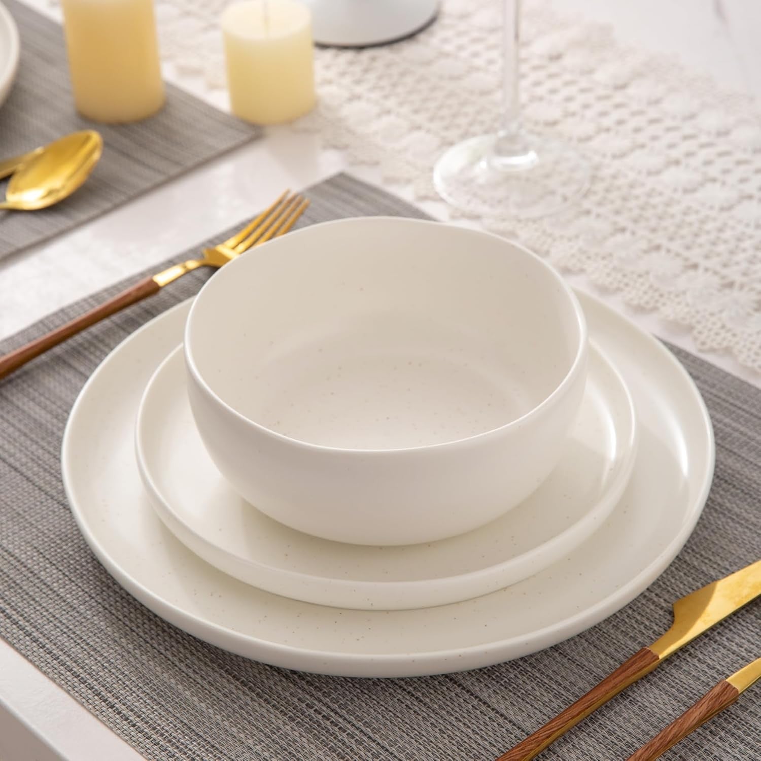 18pc Stoneware Dinner Set Wavy Rim Plates Bowls Matte Speckled White