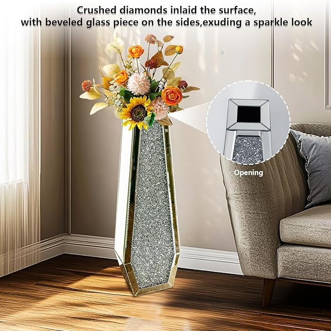 Tall Mirrored Floor Vase 68cm Crushed Diamond Silver Glass Pampas Decor