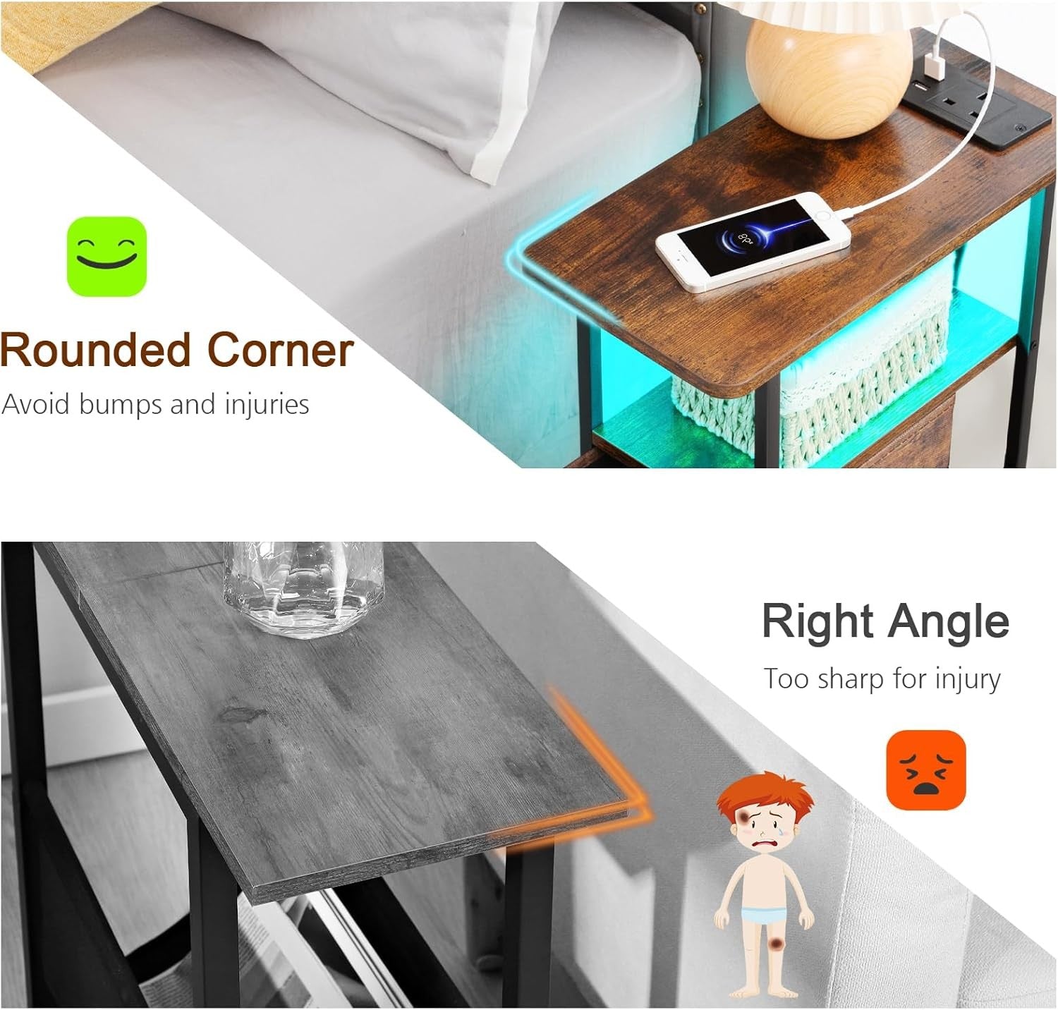 Slim LED Bedside Tables Set of 2 with USB Charging, 3 Drawers & Open Shelf